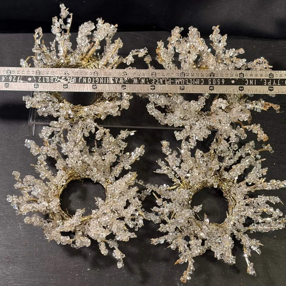 Gold Beaded Napkin Rings Set of 4 Ice Crystal Sunburst Wreath Holiday Decor 5in